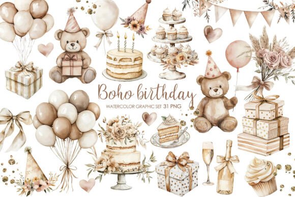 Boho Beige Birthday Party Clipart: Elevating Your Design Projects with Warmth and Style