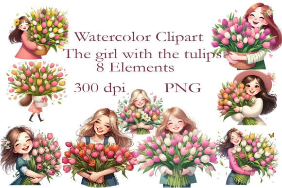 Bringing Spring to Life with a Watercolor Clipart Girl with Tulips PNG