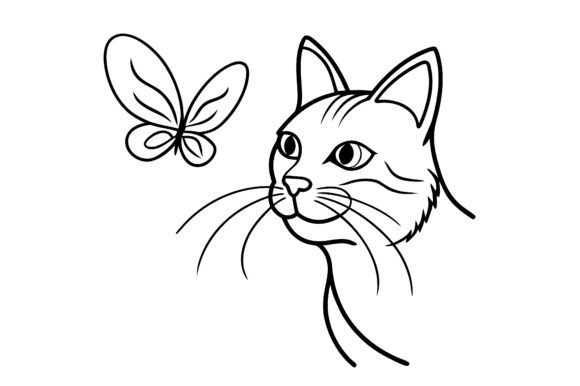 Cat with Butterfly on Nose Line Art